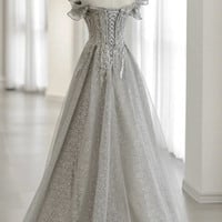 Gray tulle beads long prom dress evening gown - Thumbnail 2
