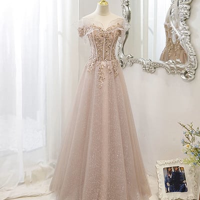 Pink tulle sequins long prom dress pink evening dress - Thumbnail 5