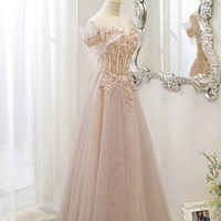 Pink tulle sequins long prom dress pink evening dress - Thumbnail 4