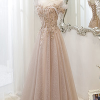Pink tulle sequins long prom dress pink evening dress - Thumbnail 5
