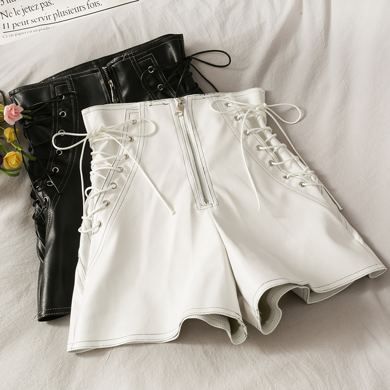 Cute lace-up PU leather shorts Black 