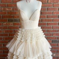 Ball Gown V Neck Straps Ivory / Light Champagne Tulle Prom Dresses - Thumbnail 2