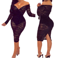 Women'S Long-Sleeved Bag Hip Lace Dress - Thumbnail 1