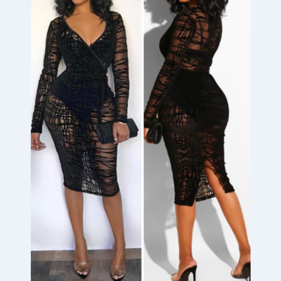 Women'S Long-Sleeved Bag Hip Lace Dress