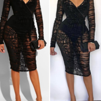 Women'S Long-Sleeved Bag Hip Lace Dress - Thumbnail 2