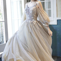 Cute tulle lace long prom dress A line evening dress - Thumbnail 1