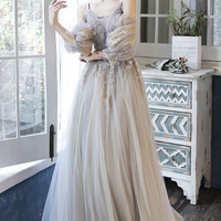 Cute tulle lace long prom dress A line evening dress - Thumbnail 2