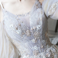 Cute tulle lace long prom dress A line evening dress - Thumbnail 3