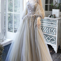Cute tulle lace long prom dress A line evening dress - Thumbnail 5