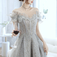 Gray tulle beads long prom dress gray evening gown - Thumbnail 2