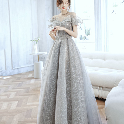 Gray tulle beads long prom dress gray evening gown - Thumbnail 2