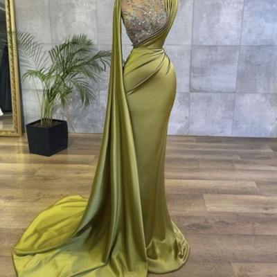 Light olive green prom dresses with beading - Thumbnail 2
