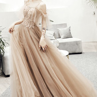 Cute tulle lace long prom dress A line evening dress - Thumbnail 5