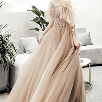 Cute tulle lace long prom dress A line evening dress - Thumbnail 1