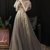 Shiny tulle sequins long prom dress A line evening gown - Thumbnail 2