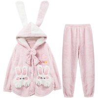 Pink Little Bunny Rabbit Thick Winter Plush Velvet Fleece Pajamas Sleepwear Long Sleeve Hoddies & Pants - Thumbnail 3