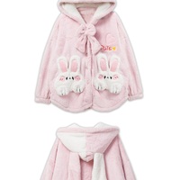 Pink Little Bunny Rabbit Thick Winter Plush Velvet Fleece Pajamas Sleepwear Long Sleeve Hoddies & Pants - Thumbnail 5