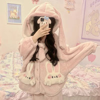 Pink Little Bunny Rabbit Thick Winter Plush Velvet Fleece Pajamas Sleepwear Long Sleeve Hoddies & Pants - Thumbnail 1