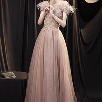 Cute tulle lace long prom dress A line evening gown - Thumbnail 1