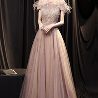 Cute tulle lace long prom dress A line evening gown - Thumbnail 4