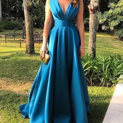 Simple a line v neck prom dresses evening gown - Thumbnail 3