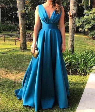 Simple A Line V Neck Prom Dresses Evening Gown