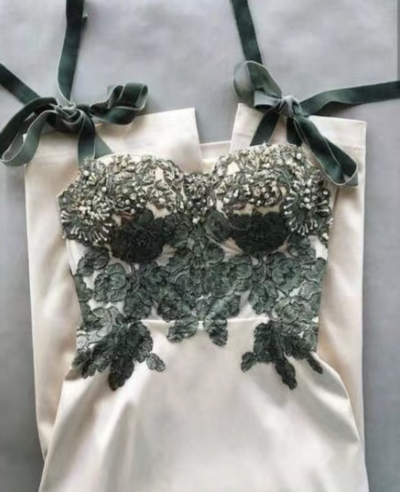 Ankle Length Prom Dresses with Dark Green Lace 