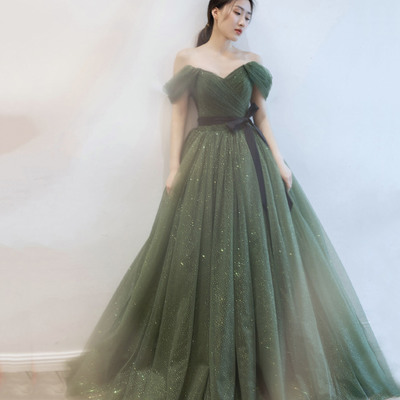 Green tulle long prom dress a line evening dress