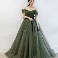 Green Tulle Long Prom Dress A Line Evening Dress - Thumbnail 1
