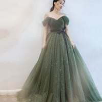 Green Tulle Long Prom Dress A Line Evening Dress - Thumbnail 3