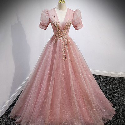 Pink tulle beads long prom dress a line evening gown - Thumbnail 3