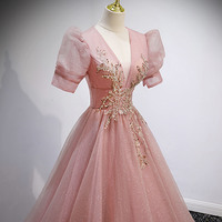 Pink tulle beads long prom dress A line evening gown - Thumbnail 1