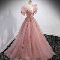 Pink tulle beads long prom dress A line evening gown - Thumbnail 2