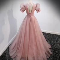 Pink tulle beads long prom dress A line evening gown - Thumbnail 4