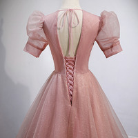 Pink tulle beads long prom dress A line evening gown - Thumbnail 3