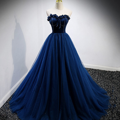 Blue velvet tulle long prom dress blue evening gown - Thumbnail 1