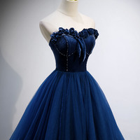 Blue Velvet Tulle Long Prom Dress Blue Evening Gown - Thumbnail 1