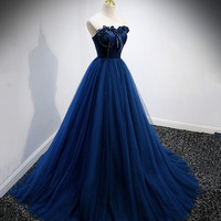Blue Velvet Tulle Long Prom Dress Blue Evening Gown - Thumbnail 2