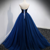 Blue Velvet Tulle Long Prom Dress Blue Evening Gown - Thumbnail 3