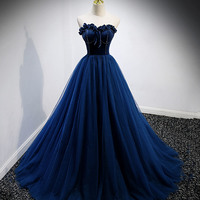 Blue Velvet Tulle Long Prom Dress Blue Evening Gown - Thumbnail 4