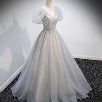 Gray tulle sequins long prom dress gray evening dress - Thumbnail 2