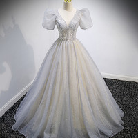 Gray tulle sequins long prom dress gray evening dress - Thumbnail 4