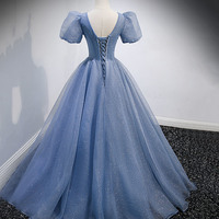 Blue tulle sequins long prom dress blue evening dress - Thumbnail 3