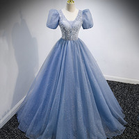 Blue tulle sequins long prom dress blue evening dress - Thumbnail 4