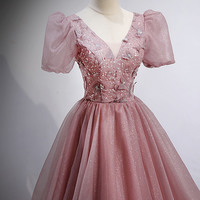 Pink tulle sequins long prom dress pink evening gown - Thumbnail 1