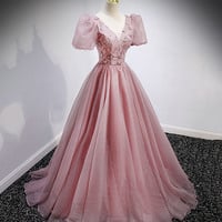 Pink tulle sequins long prom dress pink evening gown - Thumbnail 2