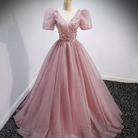 Pink tulle sequins long prom dress pink evening gown - Thumbnail 4