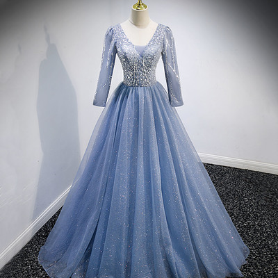 Blue tulle sequins long prom dress blue evening dress - Thumbnail 2