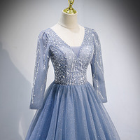 Blue tulle sequins long prom dress blue evening dress - Thumbnail 1