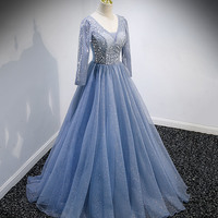 Blue tulle sequins long prom dress blue evening dress - Thumbnail 2